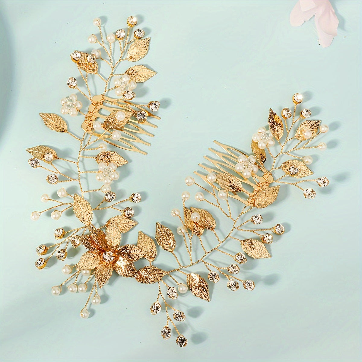 Vintage Forest Style Leaf Hair Comb with Pearl and Rhinestone for Photography