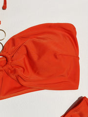  Solid Halter Neck Bikini Set with Ring Decor