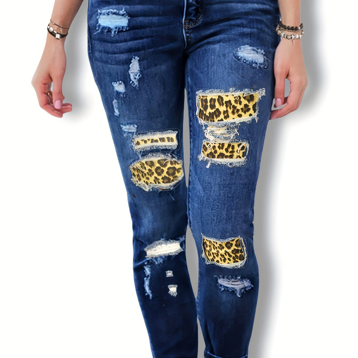  Leopard Skinny Jeans Washed Ripped Button Fly Casual Denim