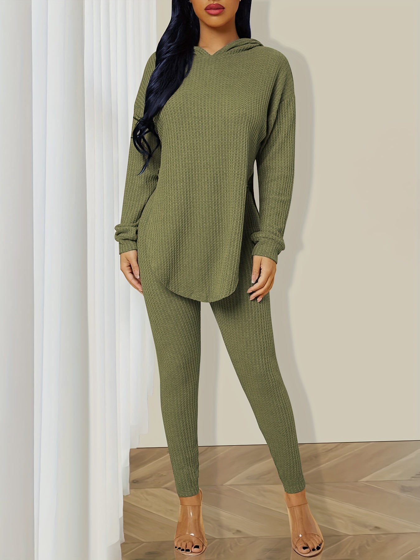 Solid Casual Two pieceSet Split Hooded Long Sleeve Tops & Slim Long Length Pants