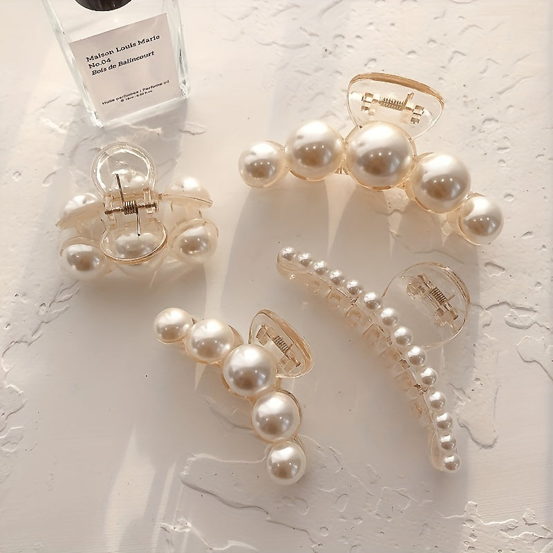 4pcs Faux Pearl Hair Claw Clip Strong Hold Ponytail Banana Clip