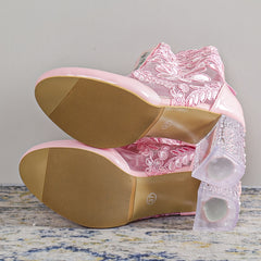 Pink Flower Lace Ankle Boots with Clear Heel