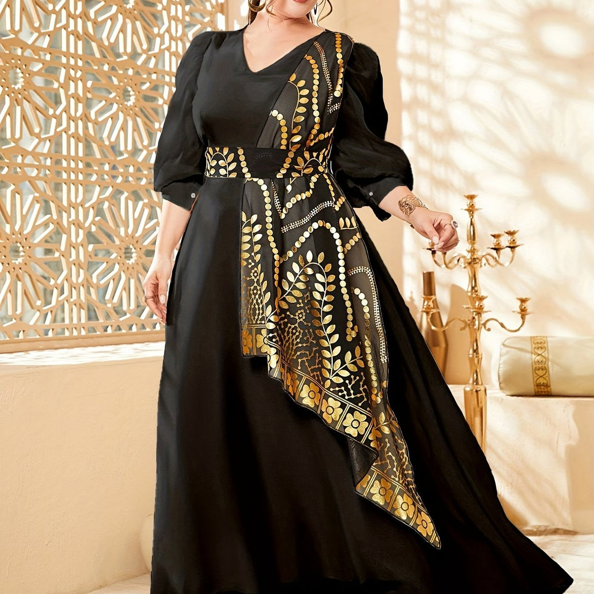  Colorblock Golden Leaf Puff Sleeve V-Neck Maxi Dress