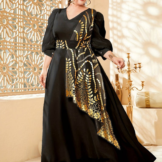  Colorblock Golden Leaf Puff Sleeve V-Neck Maxi Dress