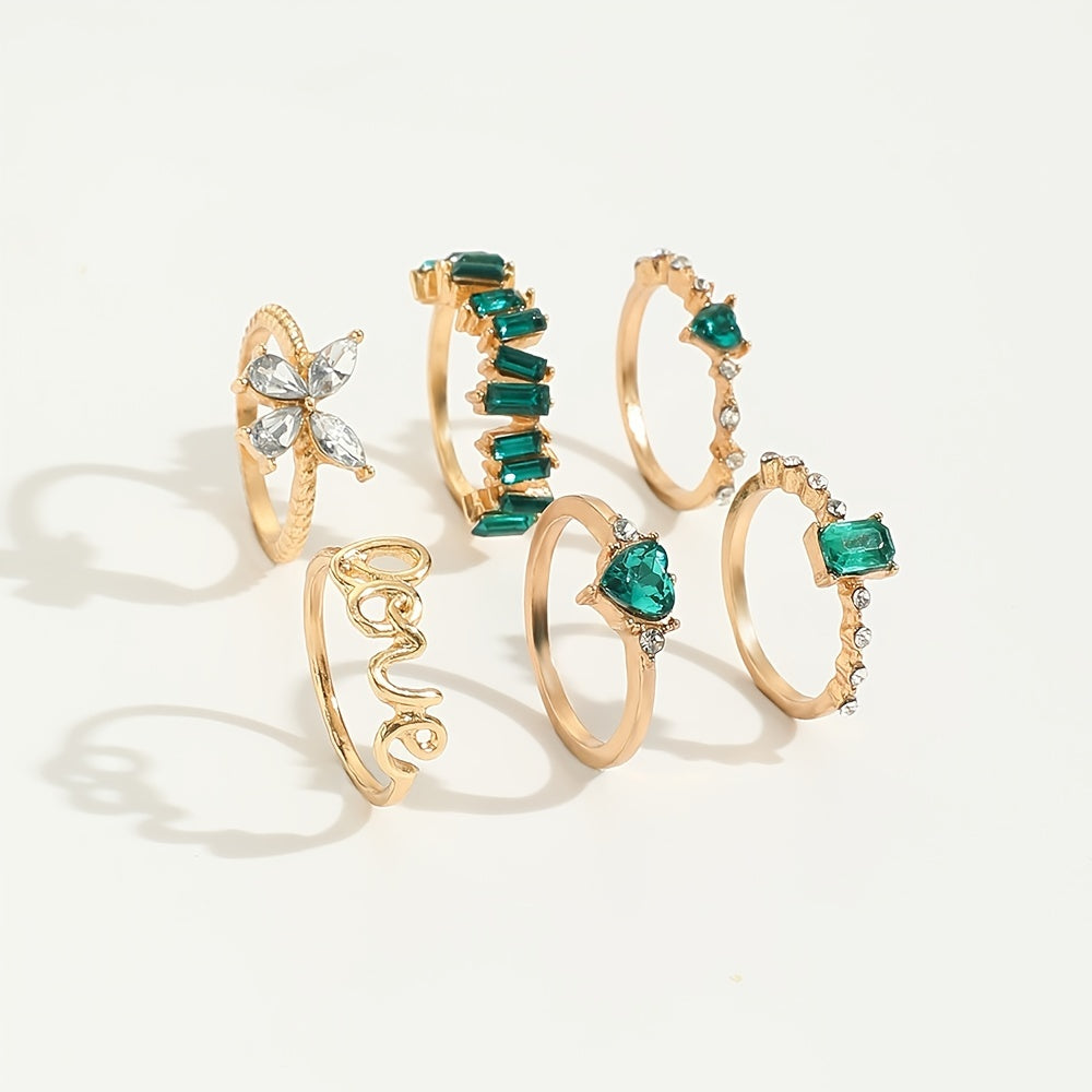 Green Vintage Emerald Heart LOVE Alphabet Butterfly Geometric Ring Set