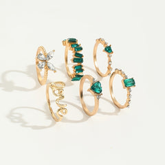 Green Vintage Emerald Heart LOVE Alphabet Butterfly Geometric Ring Set