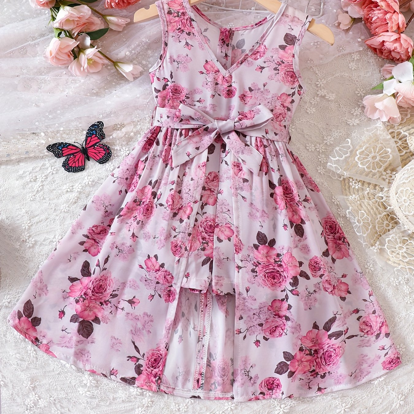 Girls V neck Flowers Graphic Belted Skirt Rompers