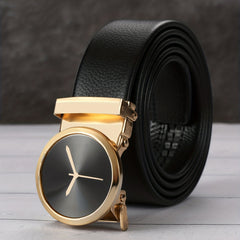 Men's Round Clock Automatic Buckle PU Leather Belt