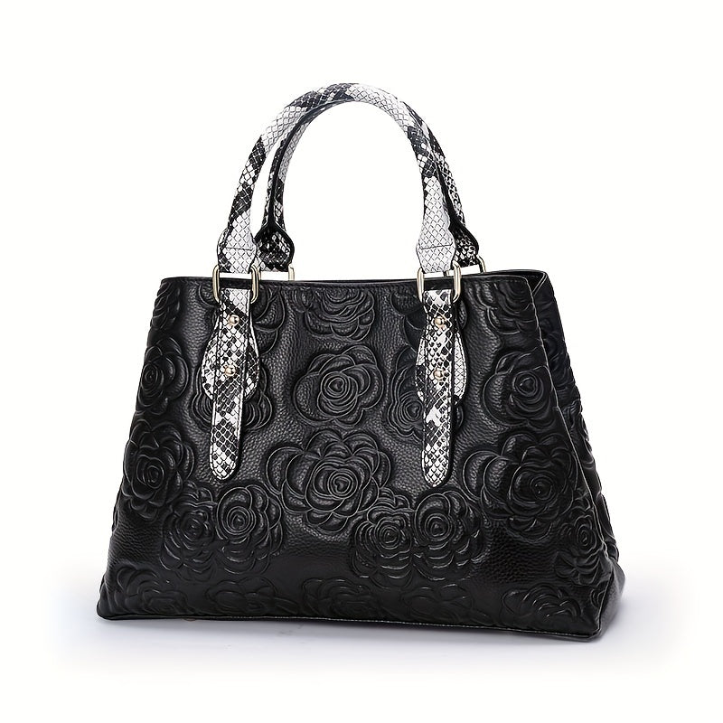Floral Embossed Leather Tote Bag with Snake Print Handles