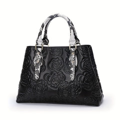 Floral Embossed Leather Tote Bag with Snake Print Handles
