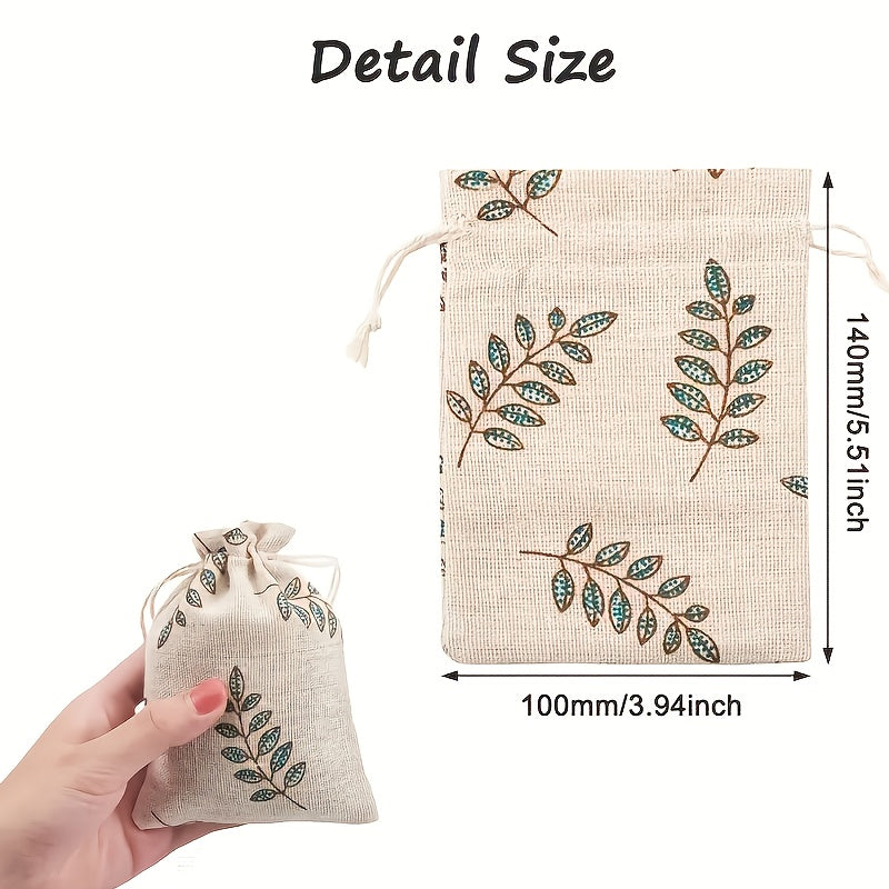 30pcs 14x10cm Drawstring Gift Bags Jewelry Storage Bags with Printed Leaf
