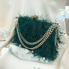 Feather Evening Bag Chain Clutch Clip Purse Women's Handbags