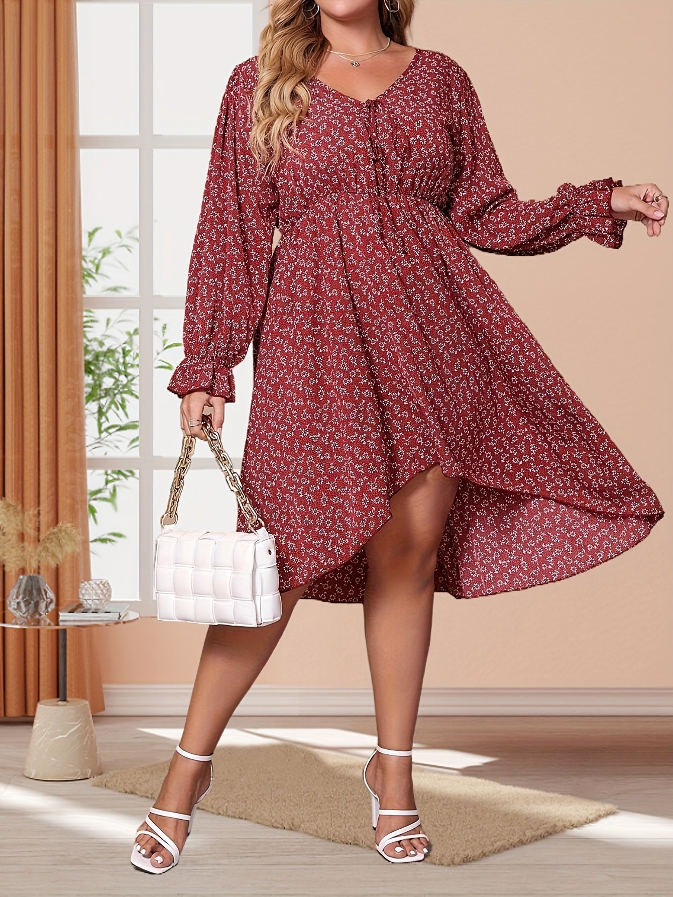  Boho Dress Women's Plus Floral Ruffle Trim Tie Front Summer Dress
