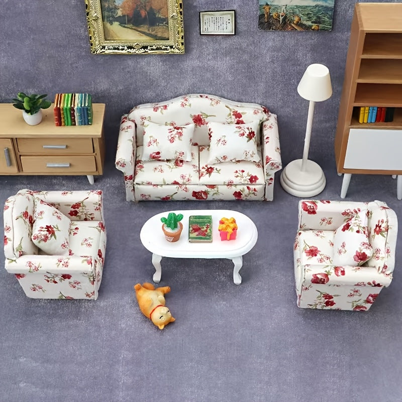 Pink Floral Sofa with Cushions for Dollhouse & Fairy Garden Decor