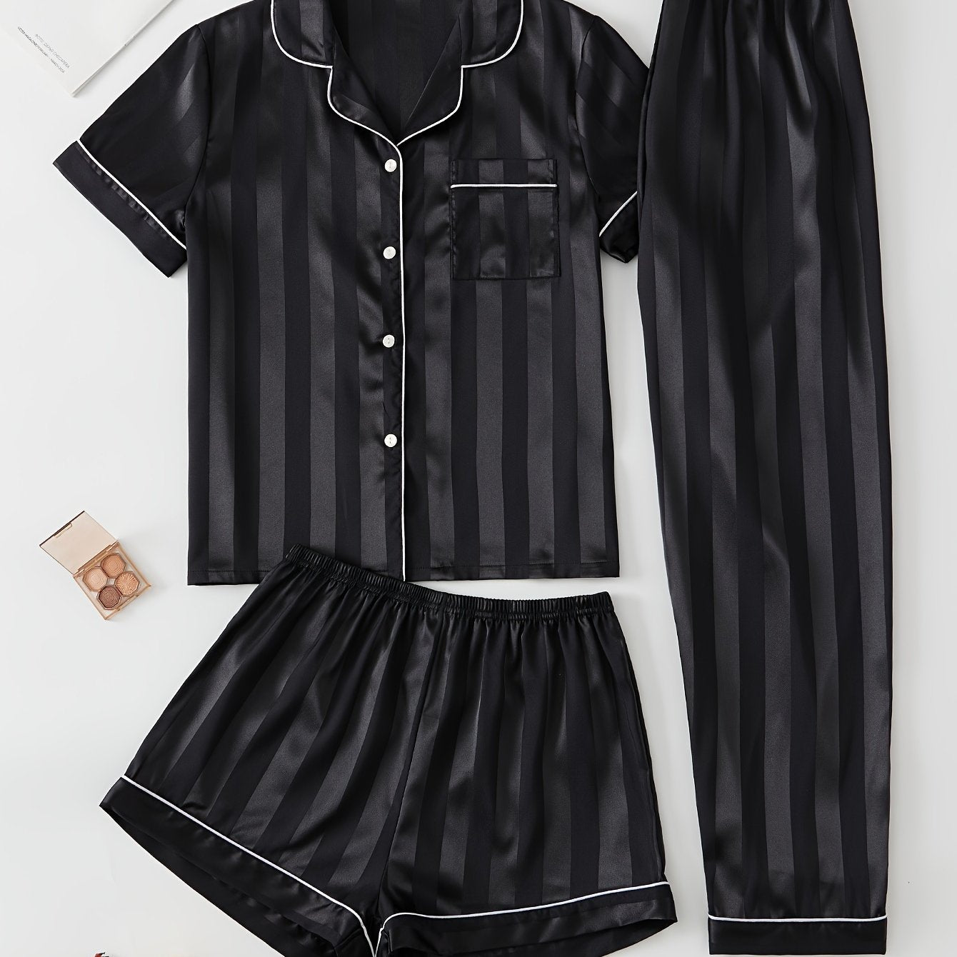 Stripe Print Pajama Set Button Up Top & Shorts & Pants Women's Sleepwear