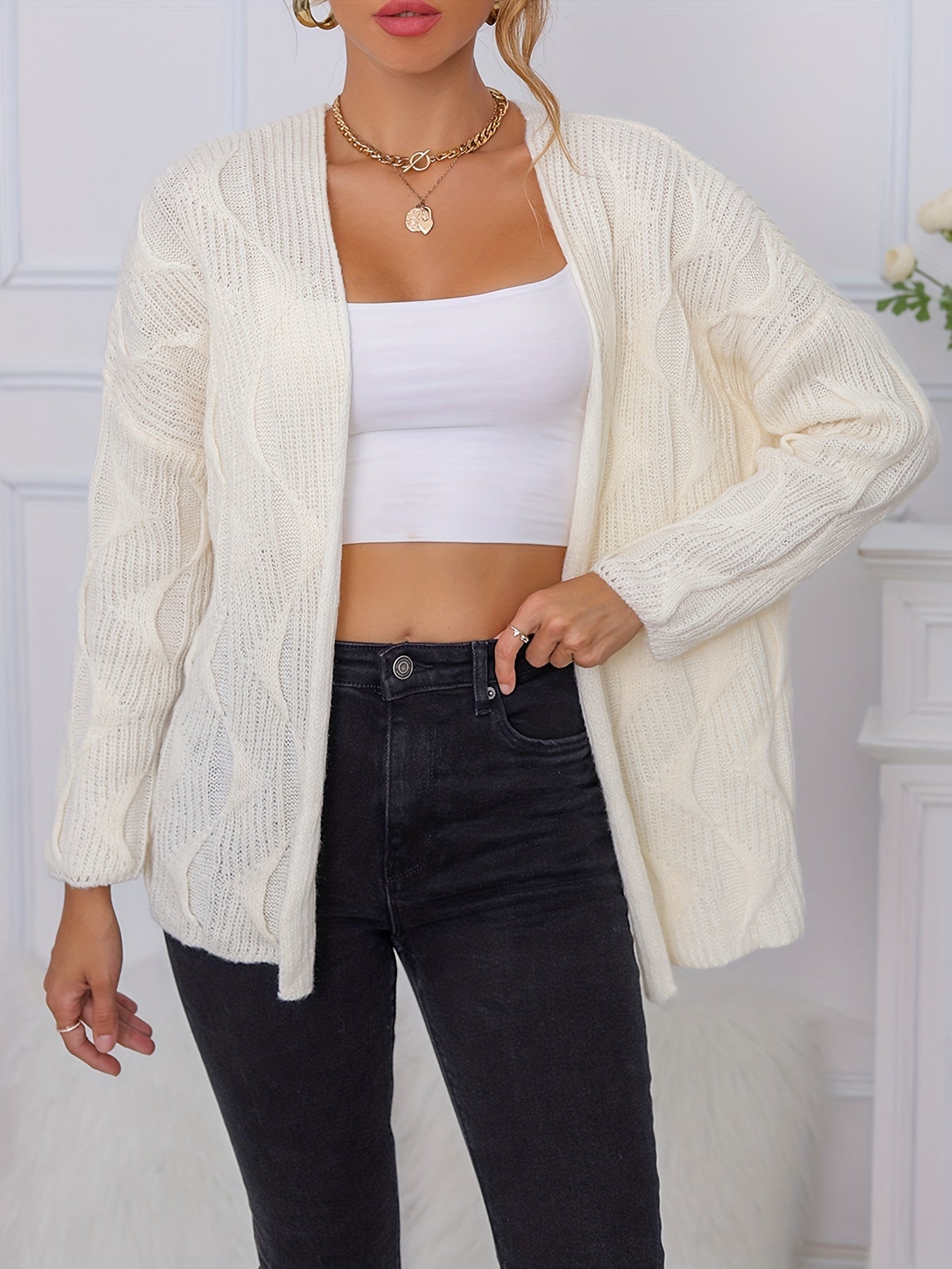  Solid Long Sleeve Open Front Cardigan