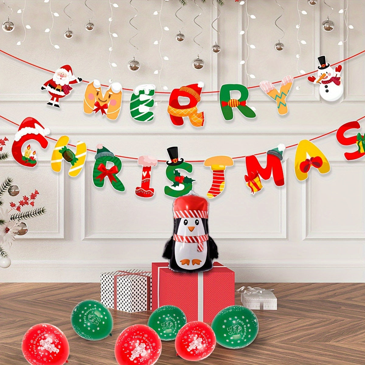 Christmas Letter Flags Mini Penguins Santa Claus Latex Balloons