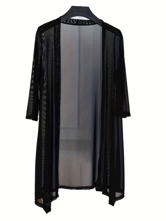 Sheer Mesh Open Front Cover Up 3/4 Sleeve Cardigan Beach Coverup