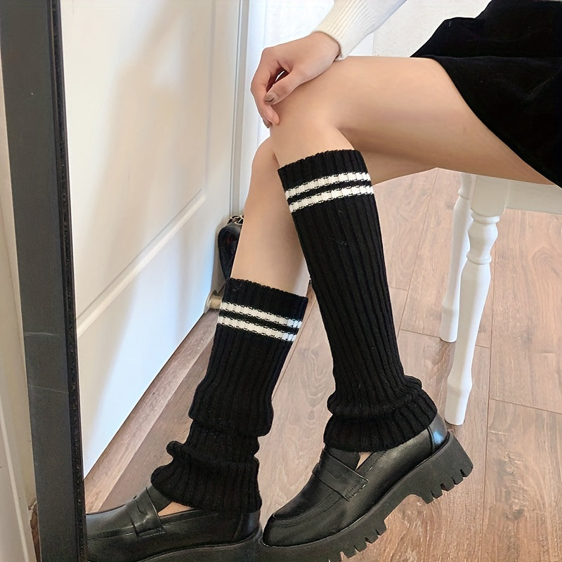Striped Knitted Leg Warmers Colorblock Knee High Socks