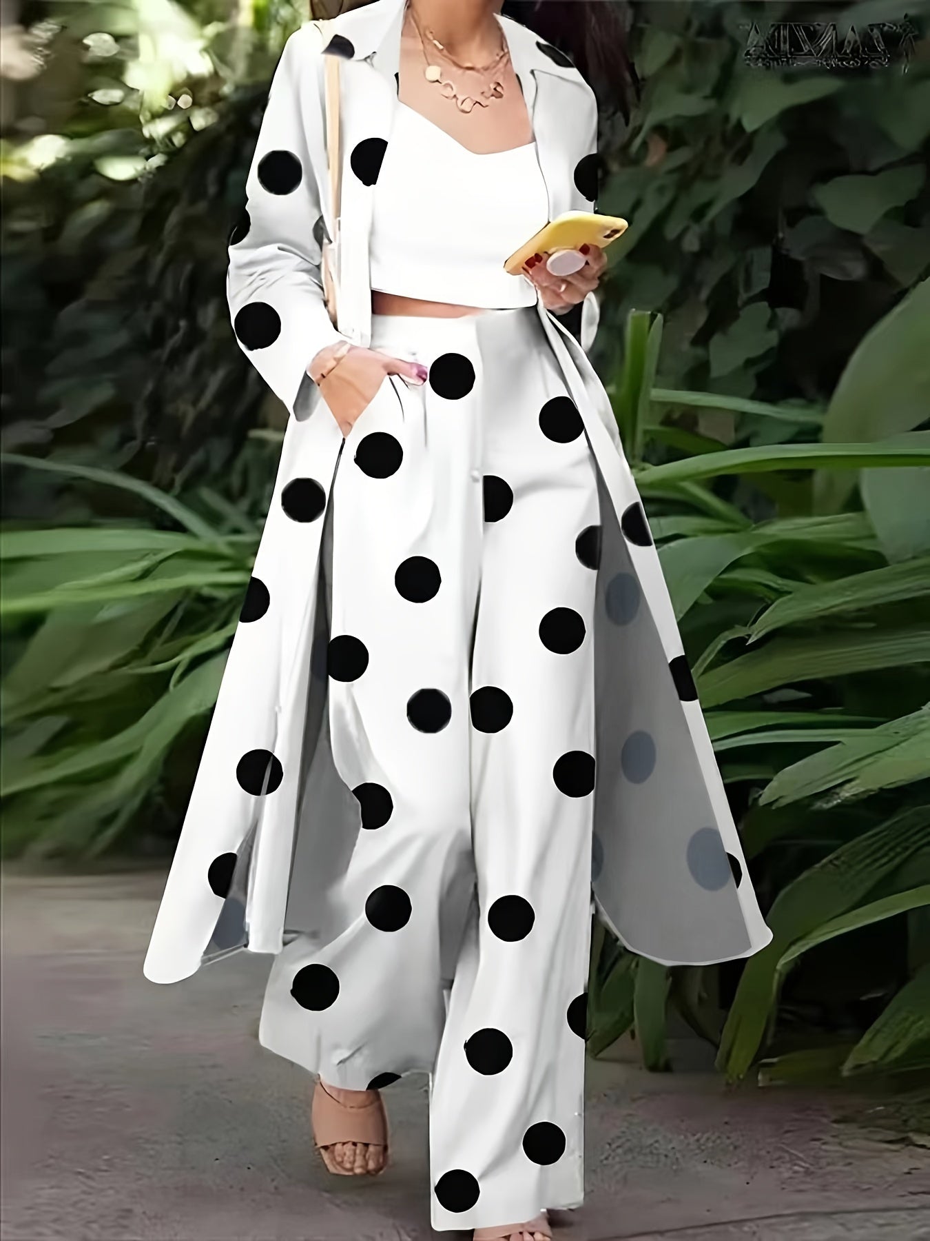  Dot Print Long Sleeve Shirt Top & Wide Leg Pants Set