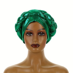 Green Hot Stamping Turban Cap Elastic Braided Pre-tied Head Wrap