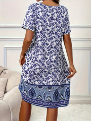  Boho Dress Women's Floral Print Short Sleeve Round Neck Pleated Dress