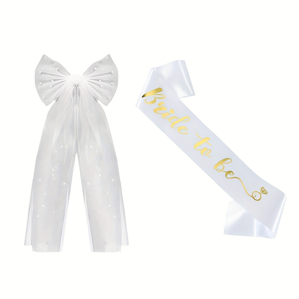 Pearl Bow & Tulle Ribbon Bridal Headpiece Set