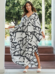  Boho Cover Up Graffiti Print V Neck Maxi Dress