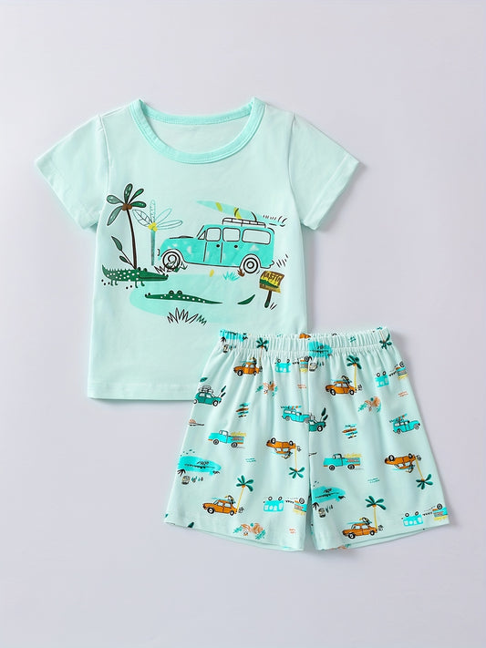 Kids Cartoon Vacation Outfit Set - Short Sleeve T-shirt & Casual Shorts