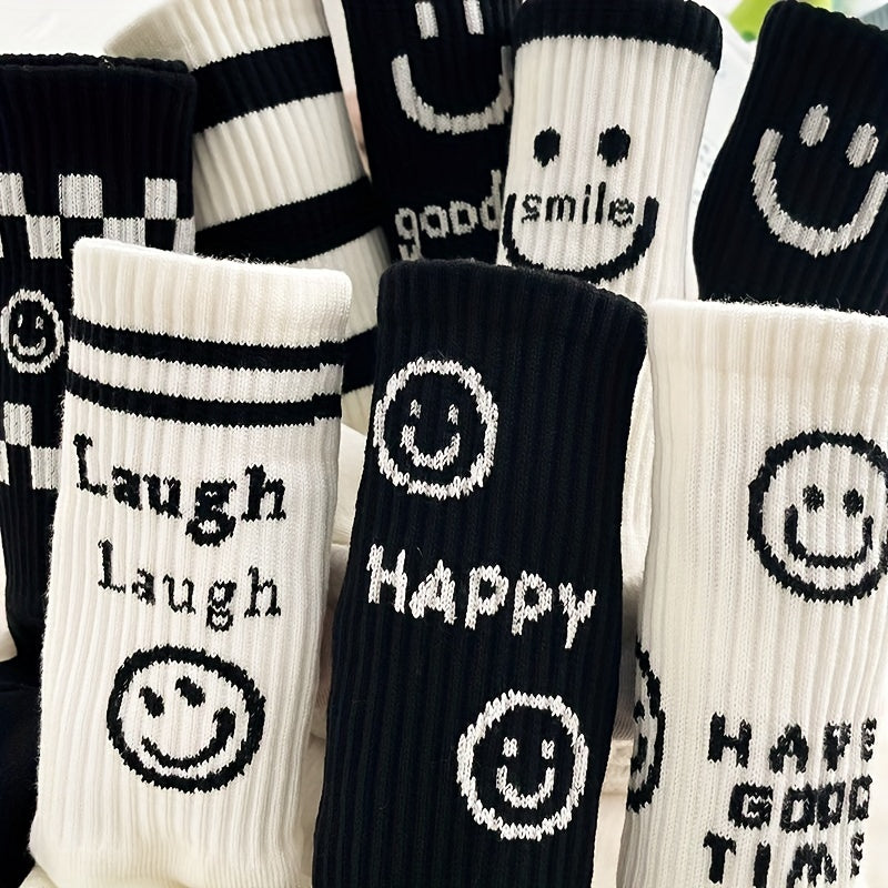8 Pairs Smiling Face Print Socks Women's Mid Tube Stockings