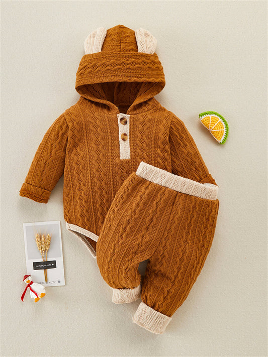 Cute 2 Piece Block Bear Ear Romper for Baby's Cozy Look