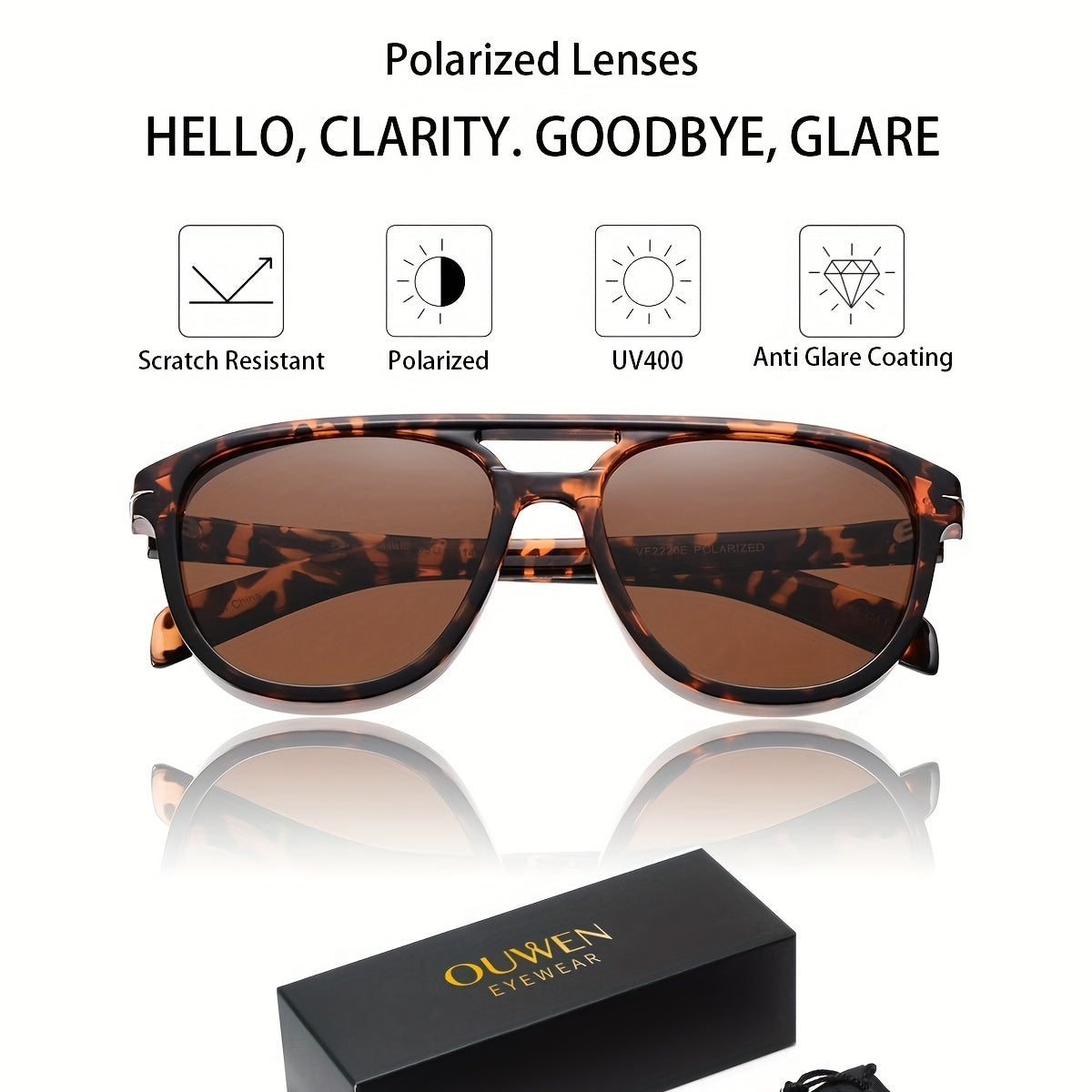 OUWEN Polarized Aviator Sunglasses Vintage Shades Tortoise Frame Brown Lenses