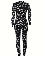 Graffiti Print Lounge Jumpsuit Long Sleeve V Neck Buttons Jumpsuit