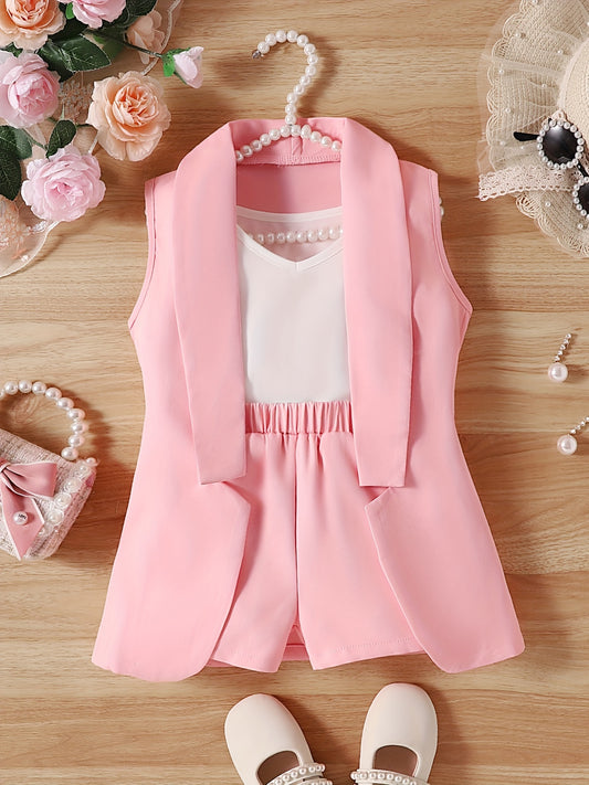 3pc Girls Suit Blazer Shorts Cami Set
