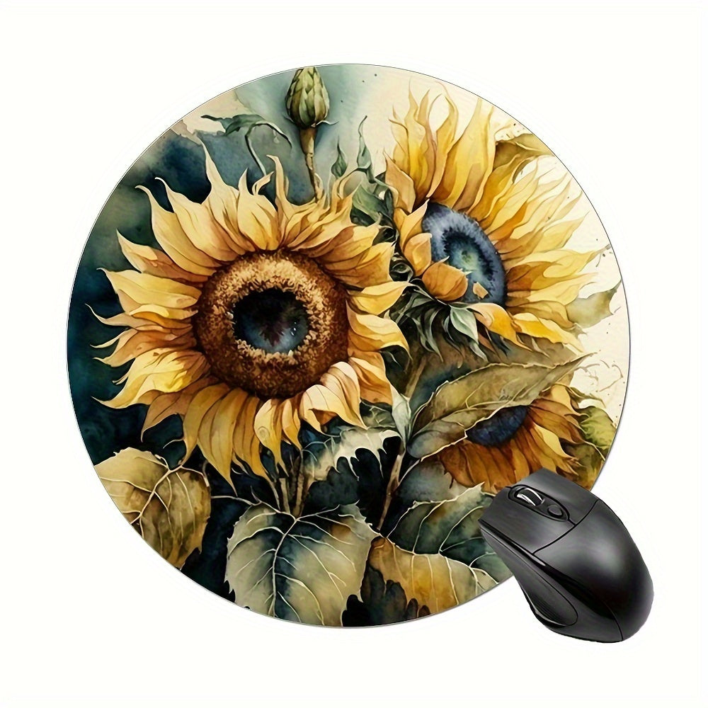 Watercolor Sunflower Round Mouse Mat Mouse Pad Non Slip Rubber Base Mousepad