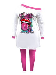 Women's Plus Lip Print One Shoulder Tee & Leggings Set