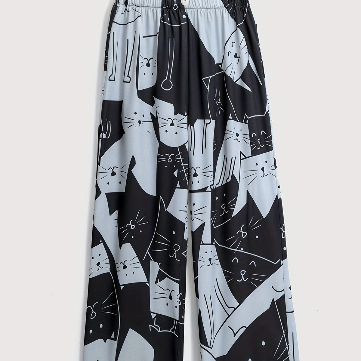  Colorblock Cat Print Wide Leg Pants