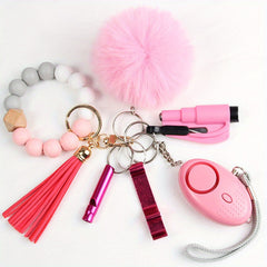 7Pcs Women's Safety Keychain Set Alarm Bracelet Tassel Pompom Breaker