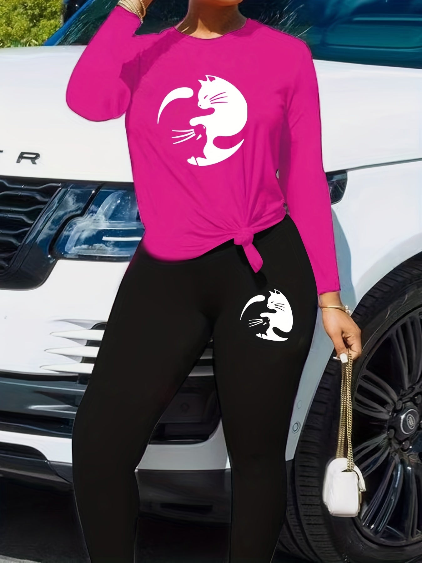  Cat Print Long Sleeve Top & Leggings Set