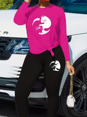  Cat Print Long Sleeve Top & Leggings Set