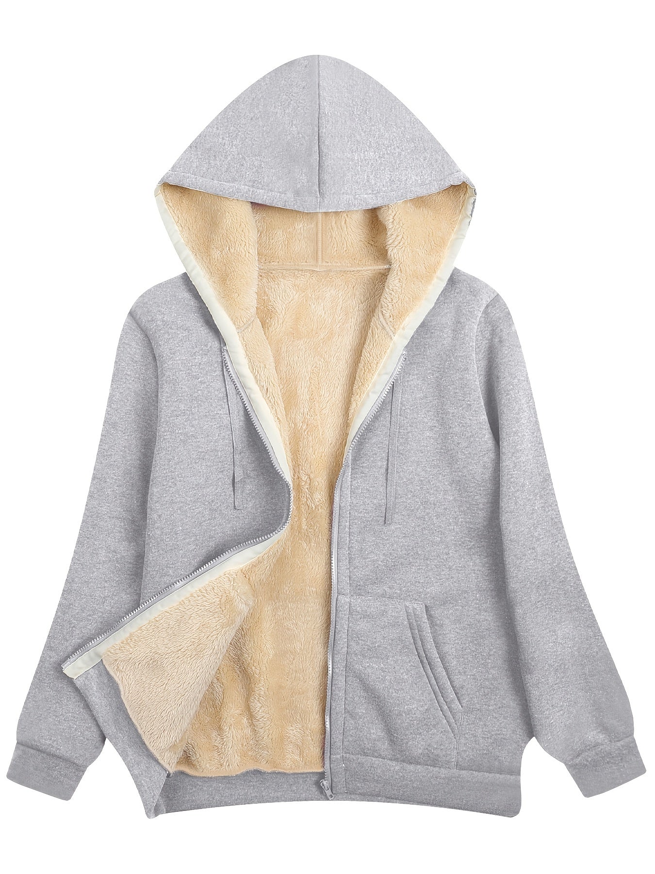 Fuzzy Hooded Jacket Casual Zip Up Drawstring Long Sleeve Solid Outerwear