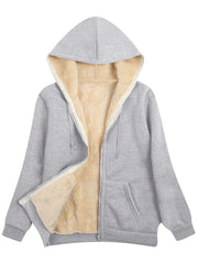 Fuzzy Hooded Jacket Casual Zip Up Drawstring Long Sleeve Solid Outerwear