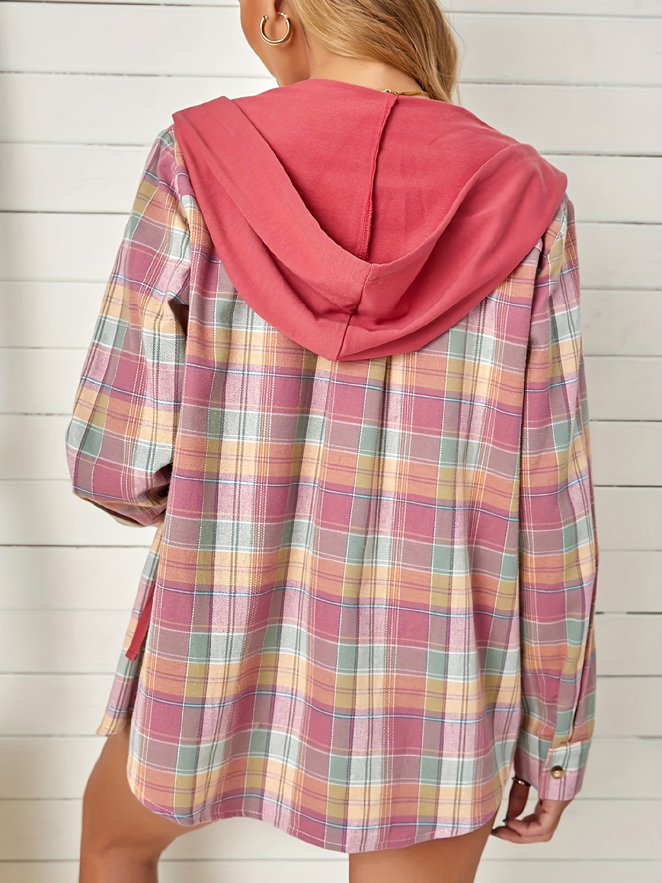  Colorblock Plaid Print Hooded Shacket