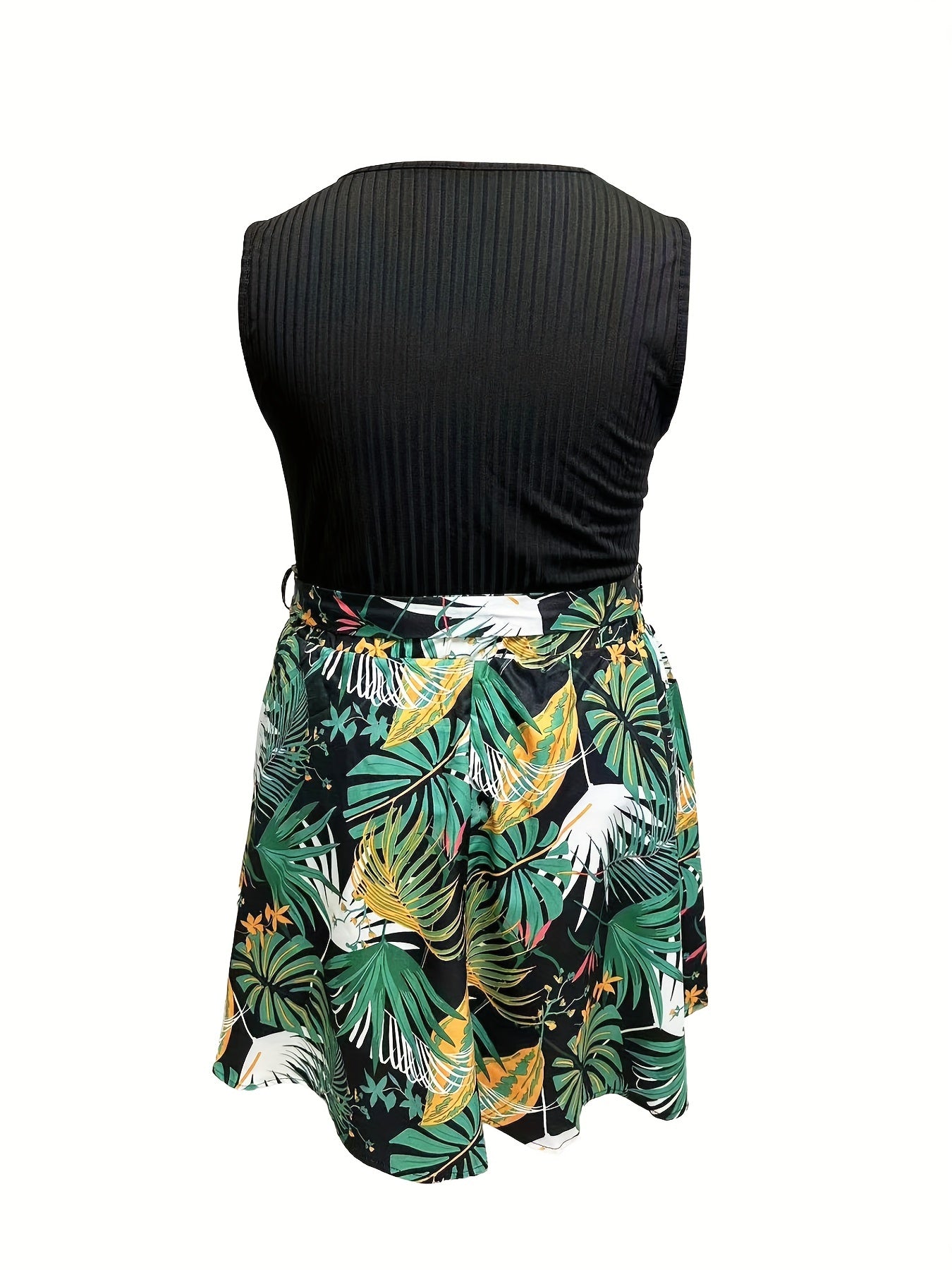  Solid Notched Neck Tank Top & Tropical Print Skirt Outfit