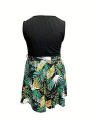  Solid Notched Neck Tank Top & Tropical Print Skirt Outfit