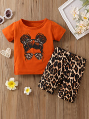 2pcs Baby Girls Leopard & Figure Print Tee Top & Shorts Set