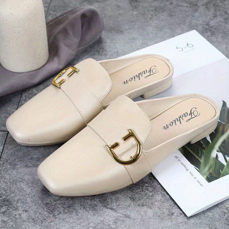 Square Toe Flat Mules with D Buckle Slip On Slide Shoes