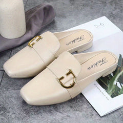 Square Toe Flat Mules with D Buckle Slip On Slide Shoes