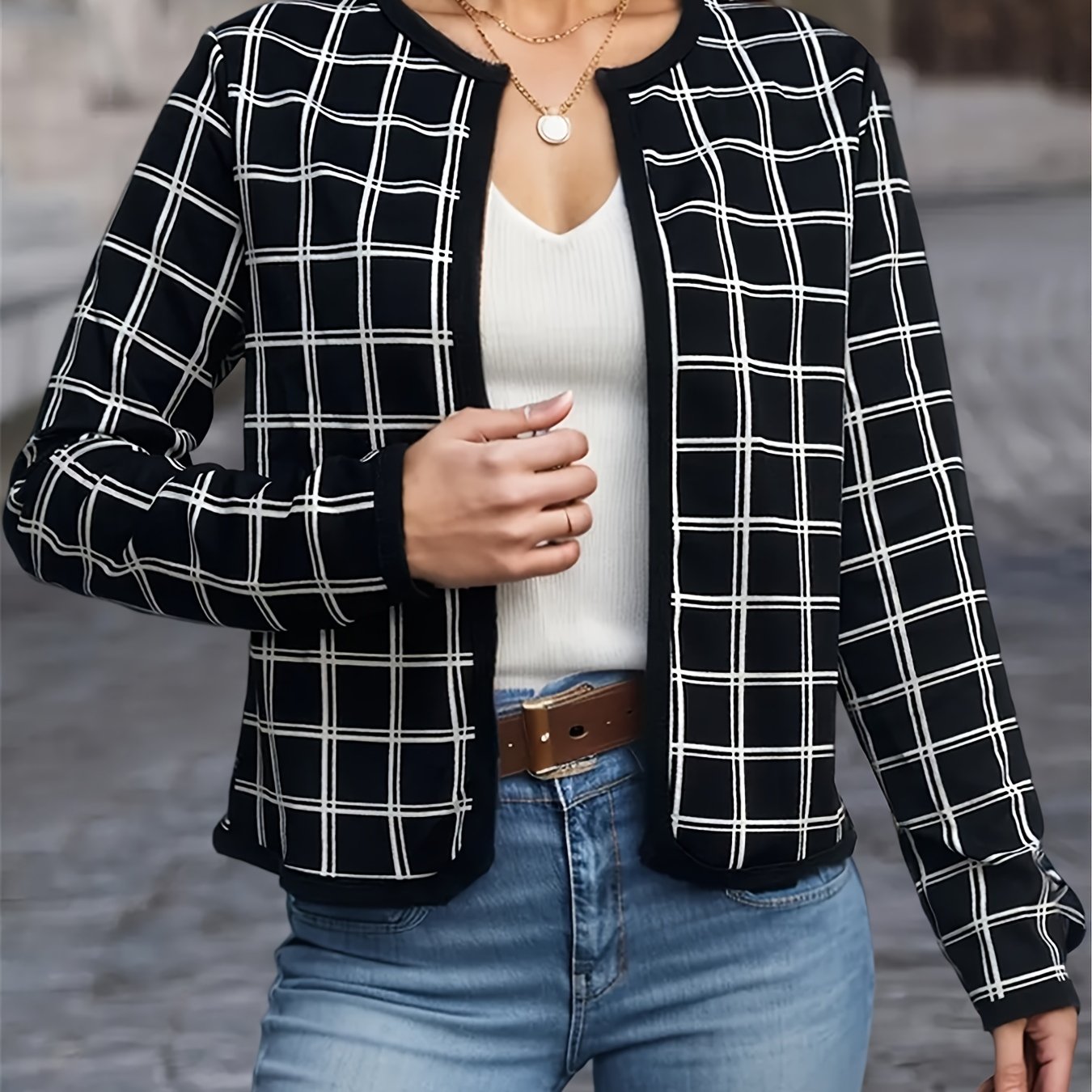 Plaid Open Front Jacket Casual Long Sleeve Jacket