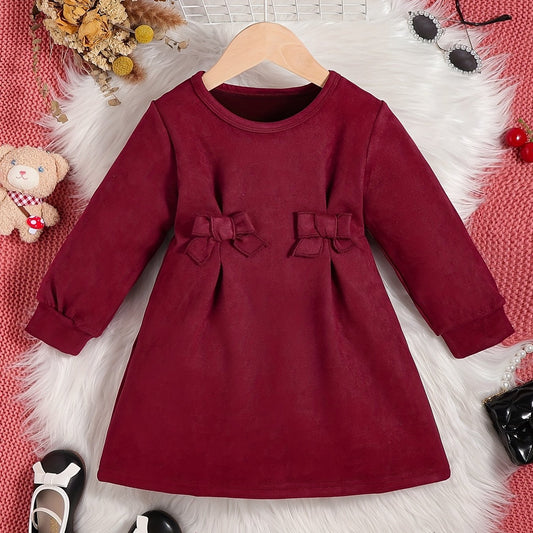 Cute Bow Front Ruched Long Sleeve Dress for Girls